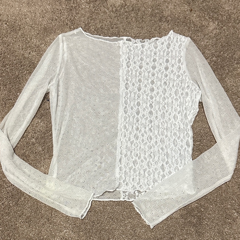 Women's White Lace-Panel Long Sleeve Tee